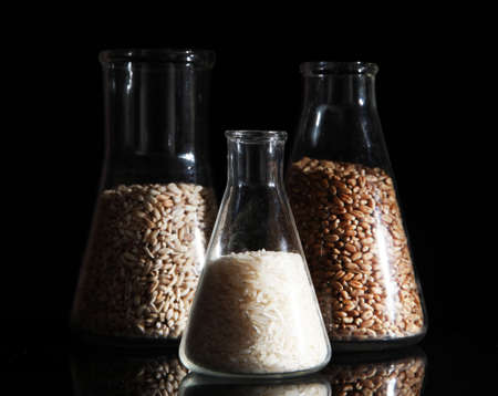 Groats in test tubes on black backgroundの写真素材