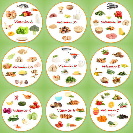 Collage of various food products containing vitamins Collage of various food products containing vitamins