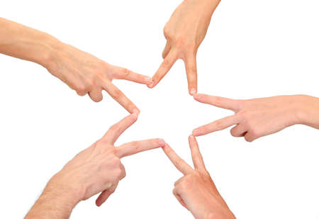 United hands isolated on white Conceptual photo of teamworkの写真素材