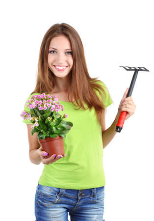 Beautiful girl with flower in pot isolated on whiteの写真素材