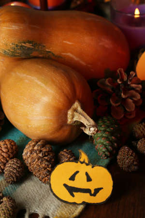 Composition for Halloween with pumpkins on fabric backgroundの写真素材