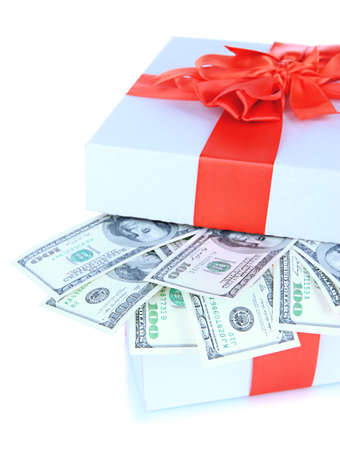 Dollars in gift box isolated on whiteの写真素材