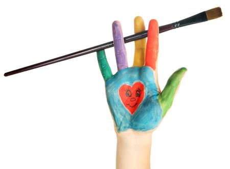 Painted hand with smile isolated on whiteの写真素材