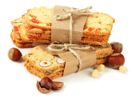 Biscotti with  nuts and candied fruits, isolated on white の写真素材