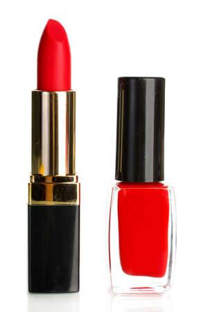 Beautiful red lipstick and nail polish isolated on whiteの写真素材