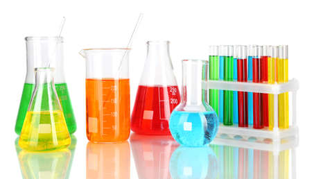 Test tubes with colorful liquids isolated on whiteの写真素材