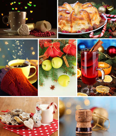 Christmas collage with tasty food, drinks and  decorationsの写真素材