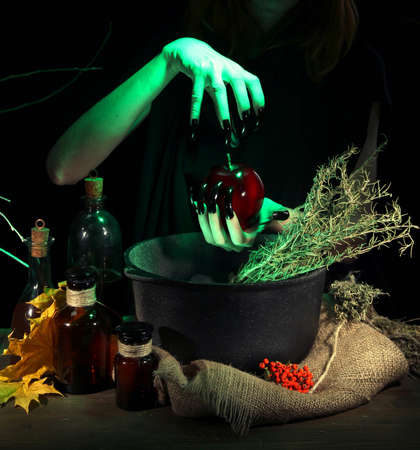  Witch in scary Halloween laboratory on dark color backgroundの写真素材