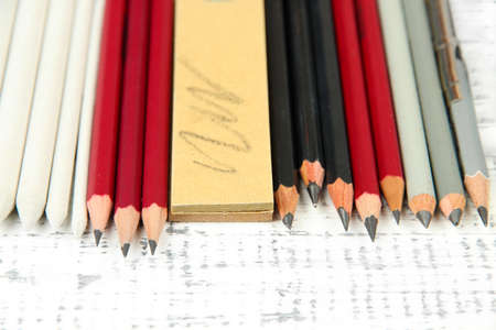 Professional art materials, on wooden tableの写真素材