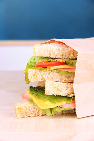 School breakfast on desk on  board backgroundの写真素材