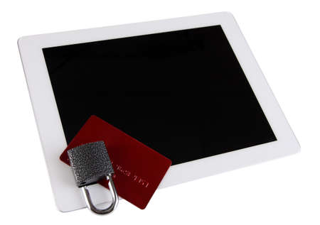 Credit card with lock and tablet isolated on whiteの写真素材