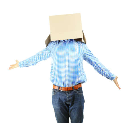 Man with cardboard box on his head isolated on whiteの写真素材
