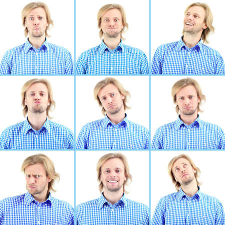 Collage of handsome emotional man isolated on whiteの写真素材