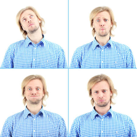Collage of handsome emotional man isolated on whiteの写真素材