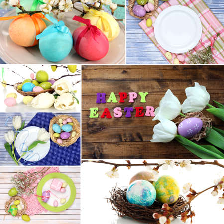 Easter collage with easter eggs and table settingの写真素材