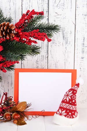 Christmas card on wooden backgroundの写真素材