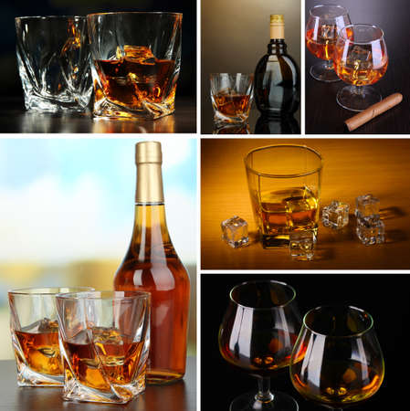 Collage of brandy glasses with iceの写真素材