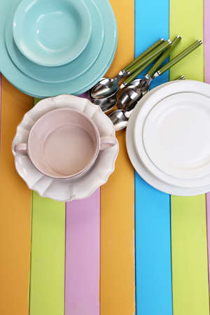 Different tableware on wooden tableの写真素材