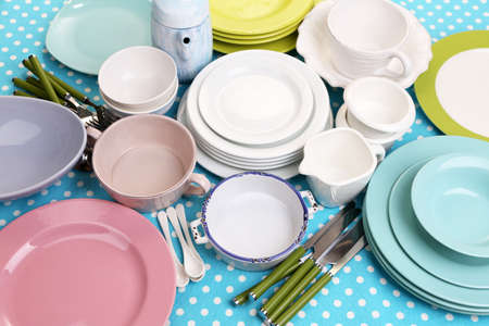 Different tableware on tableclothの写真素材