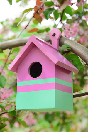 Birdhouse in garden outdoorsの写真素材