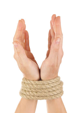 Tied hands, isolated  whiteの写真素材