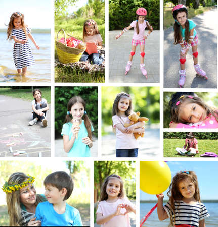 Collage of photo with children playing at parkの写真素材