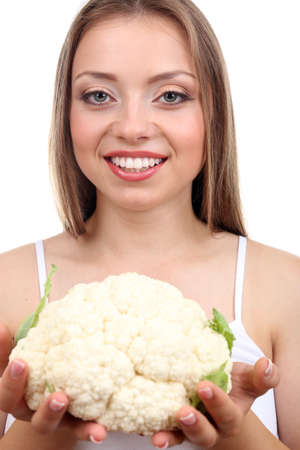 Beautiful girl with cabbage, isolated on whiteの写真素材
