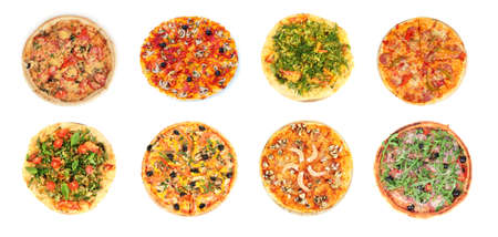 Collage of different pizza isolated on whiteの写真素材