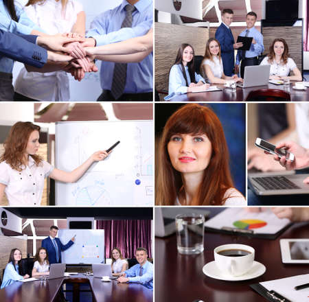 Collage of busy people discussing work and studyingの写真素材