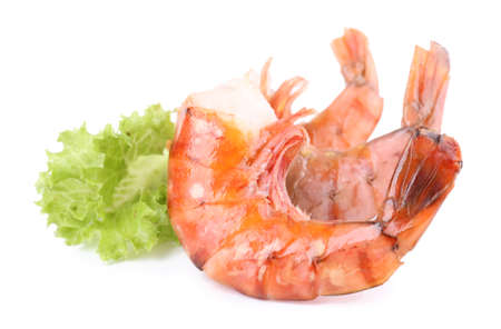 Fresh boiled prawns with lettuce on white background isolatedの写真素材