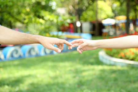 Two hands over green nature parkの写真素材