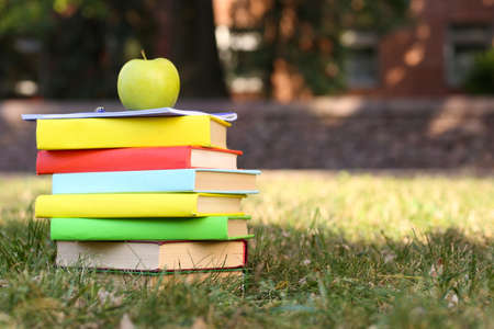 Stacked books in grass, outsideの写真素材