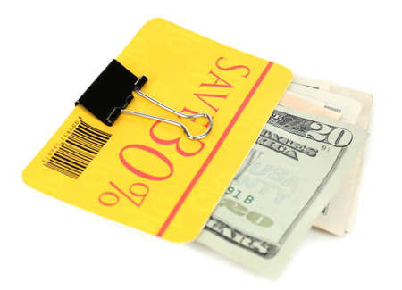 Set of cut coupons for shopping to save money, isolated on whiteの写真素材