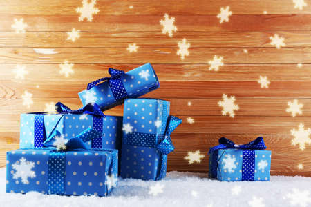 Gift boxes on wooden backgroundの写真素材