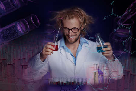 Crazy scientist working in laboratoryの写真素材