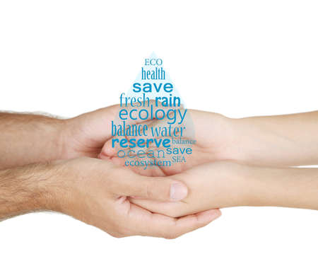 Concept of world's water reserve, words in drop shape in hands isolated on whiteの写真素材