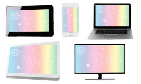 Monitors, laptop, tablet and phone with rainbow wallpaper on screens in collage isolated on whiteの写真素材