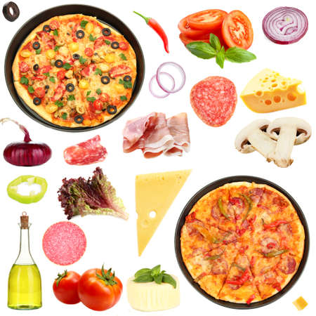 Tasty pizza and ingredients isolated on whiteの写真素材