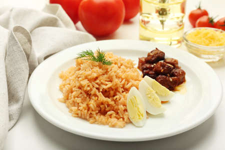 Tasty rice served on table, close-upの写真素材
