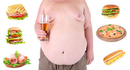 Health concept. Fat man and fastfood, isolated on whiteの写真素材