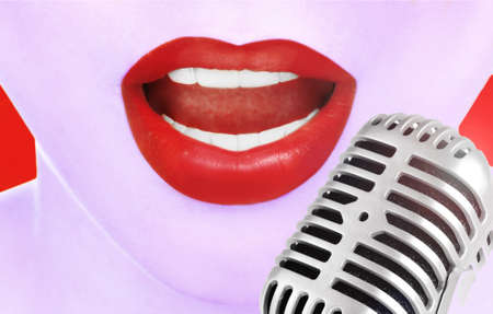 Singing woman and retro microphone, karaoke conceptの写真素材