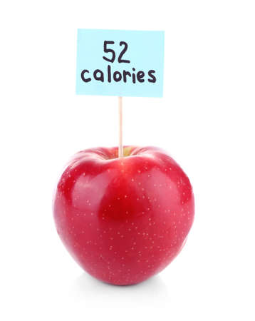 Red apple with calories count label isolated on whiteの写真素材