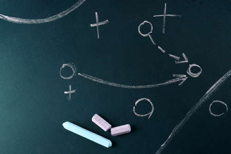Scheme football game on blackboard の写真素材
