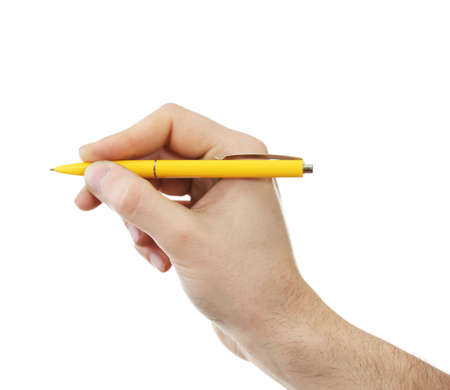Male hand with pen isolated on whiteの写真素材