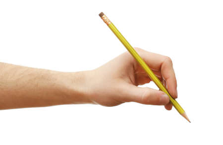 Male hand with pencil isolated on whiteの写真素材