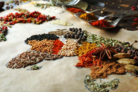 Map of world made from different kinds of spices, close-upの写真素材