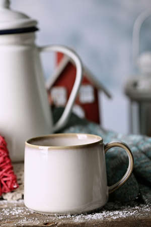 Winter composition with hot beverage on nature backgroundの写真素材