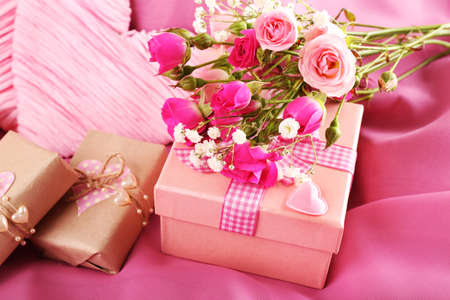 Handmade gifts on Valentine Day, on fabric backgroundの写真素材