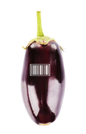 Fresh eggplant with barcode isolated on whiteの写真素材