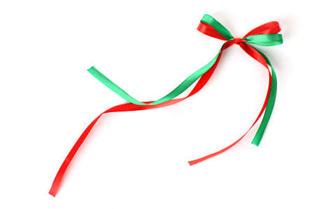 Bow of colorful ribbons isolated on whiteの写真素材